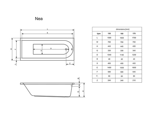 Desen tehnic al căzii de baie Nea cu dimensiuni