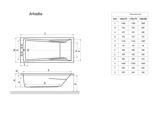 Desen tehnic al căzii de baie Arkadia cu dimensiuni