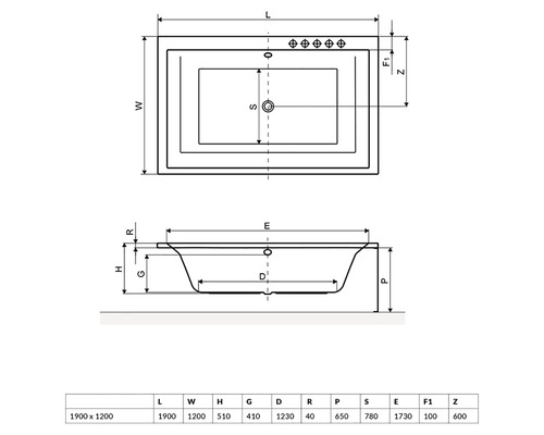 Desen tehnic al unei căzi cu dimensiuni.