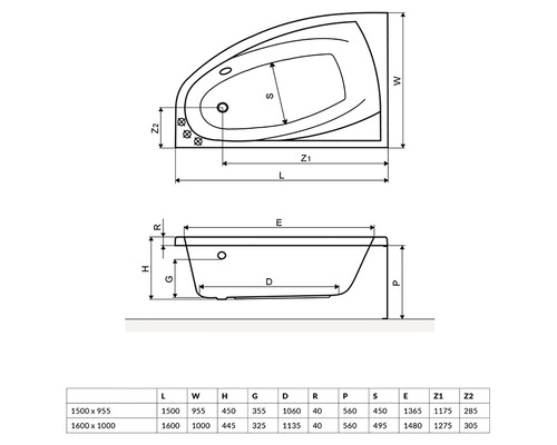 Desen tehnic al unei căzi cu dimensiuni