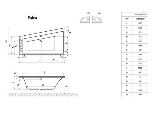 Desen tehnic al unei căzi cu dimensiuni
