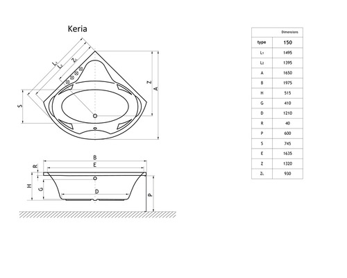Desen tehnic al unei căzi Keria cu dimensiuni
