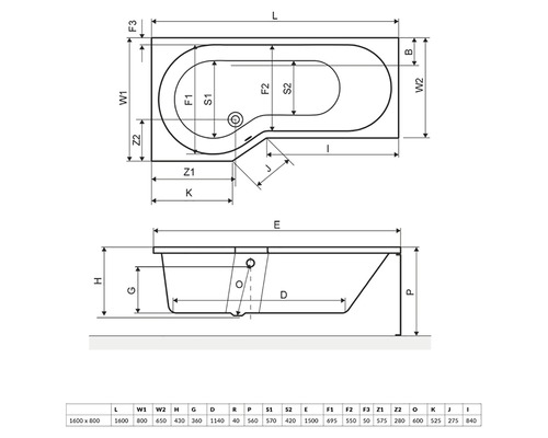 Desen tehnic al unei căzi cu dimensiuni