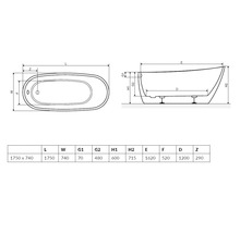 Desen tehnic al unei căzi cu dimensiuni