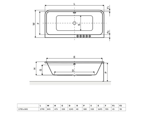 Desen tehnic al unei căzi cu dimensiuni