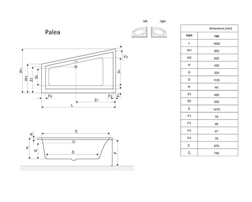 Desen tehnic al unei căzi cu dimensiuni
