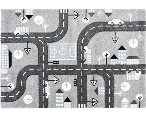 Covor de joacă cu model de străzi, clădiri, vehicule și teren de fotbal