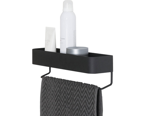 Raft negru de perete cu suport pentru prosop și produse de îngrijire