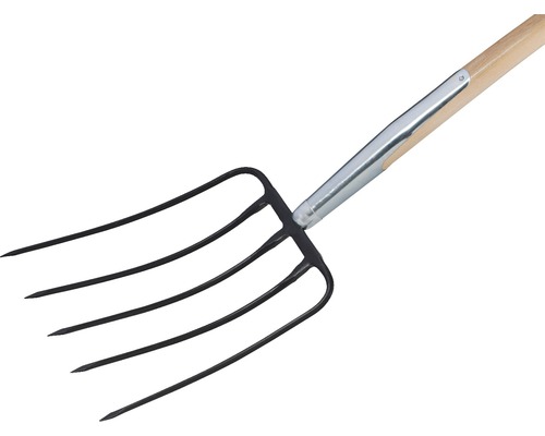Furcă de gunoi de grajd cu coadă de lemn și cinci dinți