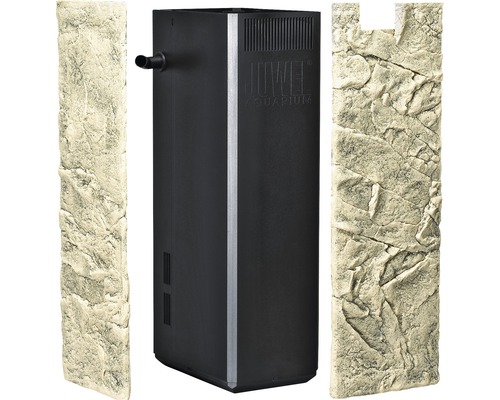 Combinație acvariu constând dintr-un filtru intern și doi pereți posteriori cu aspect de rocă