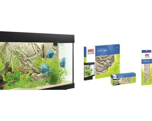 Acvariu cu pești, plante și fundal Juwel Cliff Light, plus ambalajele produselor