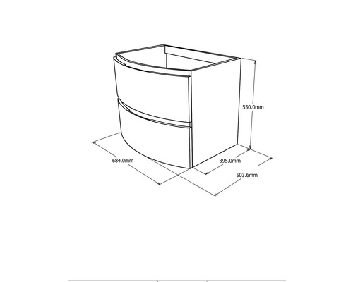 Desen cu un dulap de baie cu dimensiunile de 684 milimetri lățime, 395 milimetri adâncime și 550 milimetri înălțime.