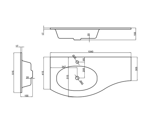 Desen tehnic al unei chiuvete cu dimensiuni.