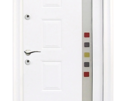 Ușă de intrare albă cu mâner și elemente decorative colorate