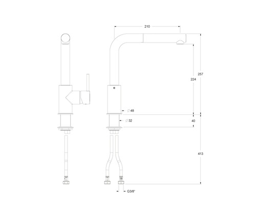 Desen tehnic al unei baterii de bucătărie cu dimensiuni