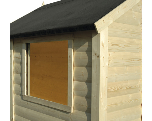 Imagine detaliată a unei căsuțe de grădină cu fereastră închisă și acoperiș bituminos