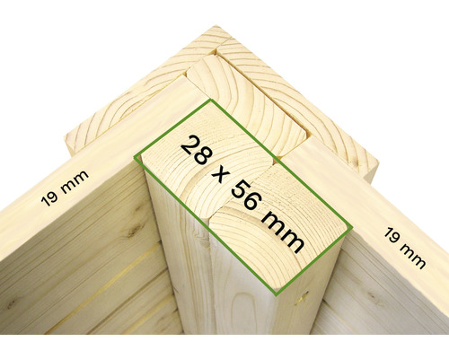 Construcție din lemn cu dimensiunile de 28 x 56 milimetri și 19 milimetri