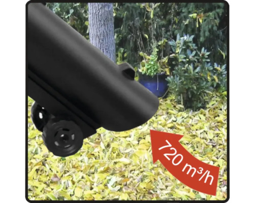 Aspirator de frunze cu o putere de aspirare de 720 de metri cubi pe oră în uz pe o suprafață acoperită cu frunze.