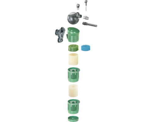 Explozie a unui filtru de iaz cu diverse medii filtrante și accesorii.