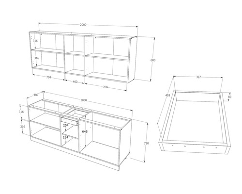 Desen tehnic al unui dulap inferior cu sertar și raft de perete cu dimensiuni.