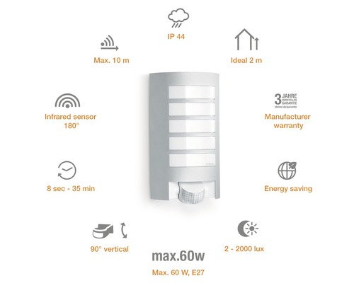 Aplică exterior Steinel L12 E27 max. 1x60W, senzor de mișcare, IP44, argintiu