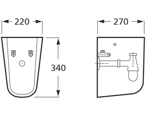 Desen tehnic al unei chiuvete cu indicații de dimensiuni: lățime 220 mm și 270 mm, înălțime 340 mm.