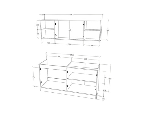Desenul unui set de mobilier de baie cu dimensiuni