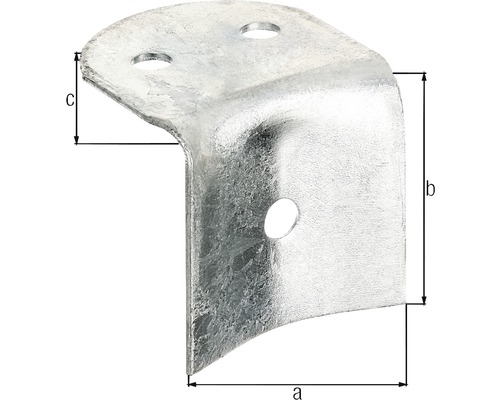 Conector unghiular metalic cu găuri de montare și dimensiuni indicate