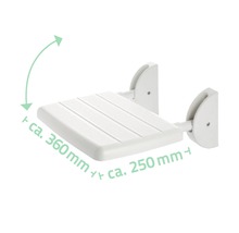 Scaun de duș rabatabil cu o lățime de aproximativ 360 mm și o adâncime de 250 mm
