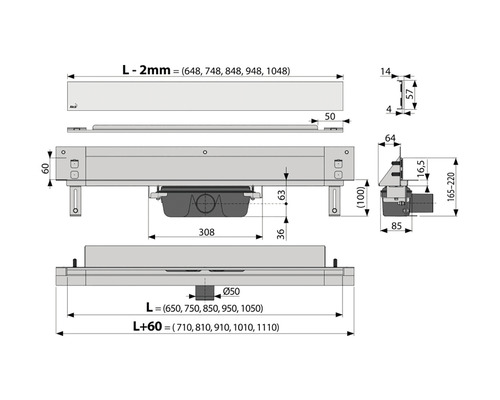 Desen tehnic cu dimensiunile rigolei de duș