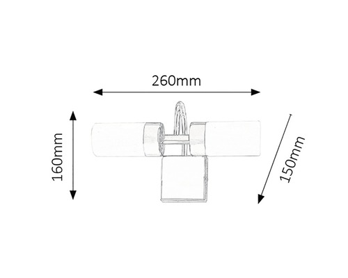 Schiță a unei lămpi de perete cu dimensiunile de 260 mm lățime, 160 mm înălțime și 150 mm adâncime