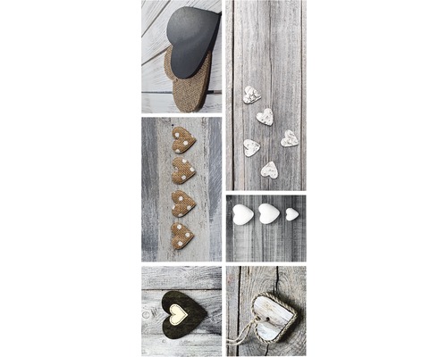 Colaj de diverse inimioare decorative pe fundal de lemn