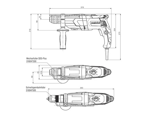 Desen tehnic al unei mașini de găurit Metabo cu dimensiuni