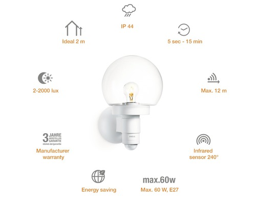 Aplică exterior Steinel L115S E27 max. 1x60W, senzor de mișcare, IP44, albă