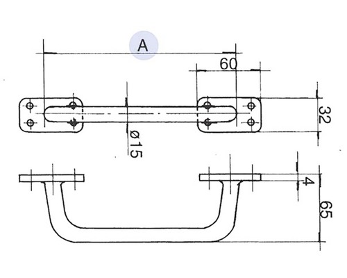 Desen tehnic al unui mâner arcuit cu dimensiuni.