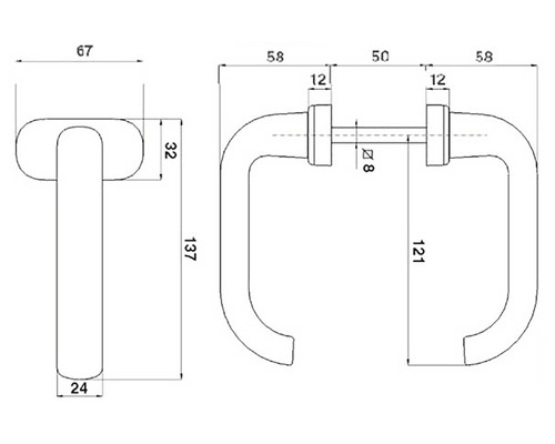 Desen tehnic al unui mâner de ușă cu dimensiuni