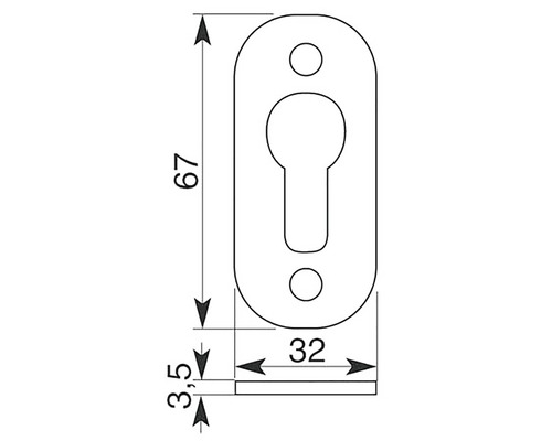 Desen tehnic al unei plăcuțe pentru cheie cu dimensiuni: 67 milimetri înălțime, 32 milimetri lățime și 3,5 milimetri grosime.