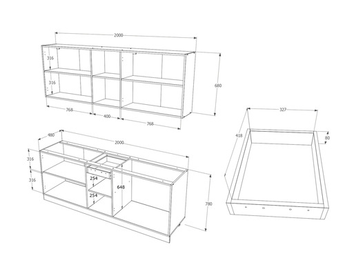 Desen tehnic al unui dulap inferior, dulap suspendat și sertar cu indicații de dimensiuni