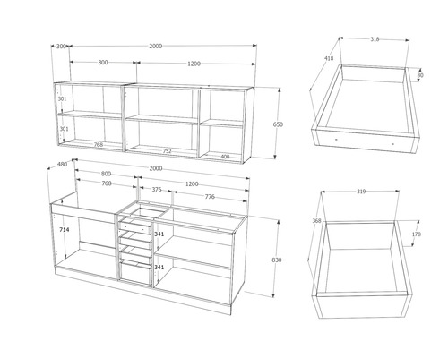 Desen tehnic al unui set de mobilier de baie cu dimensiuni