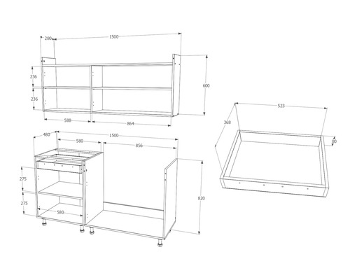 Desen tehnic al corpurilor de bucătărie cu dimensiuni
