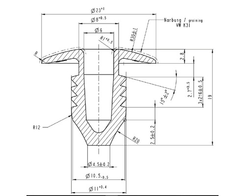 Desen tehnic al unui element de fixare cu dimensiuni detaliate