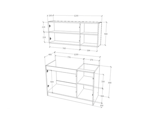 Desen tehnic al unui dulap de bază pentru lavoar cu dulap suspendat și indicații de dimensiuni