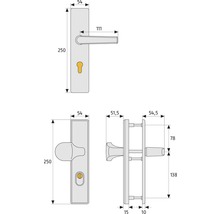 Desen tehnic al unui mâner de ușă cu plăcuță lungă și dimensiuni