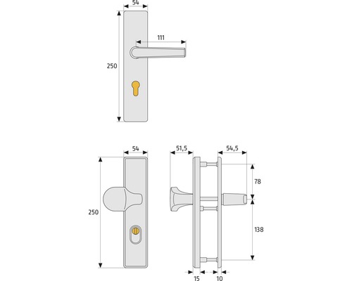 Desen tehnic al unui mâner de ușă cu plăcuță lungă și dimensiuni