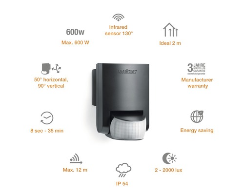 Senzor de mișcare Steinel IS130-2 130° max. 600W, pentru exterior IP54, negru