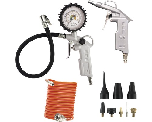 Pistol de umflat anvelope, pistol de suflat, furtun de aer comprimat și set de duze pentru scule pneumatice