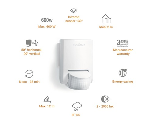 Senzor de mișcare Steinel IS130-2 130° max. 600W, pentru exterior IP54, alb
