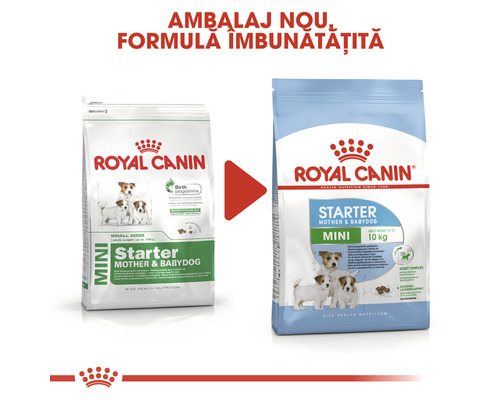 Comparație între două ambalaje de hrană uscată Royal Canin Mini Starter Mother and Babydog