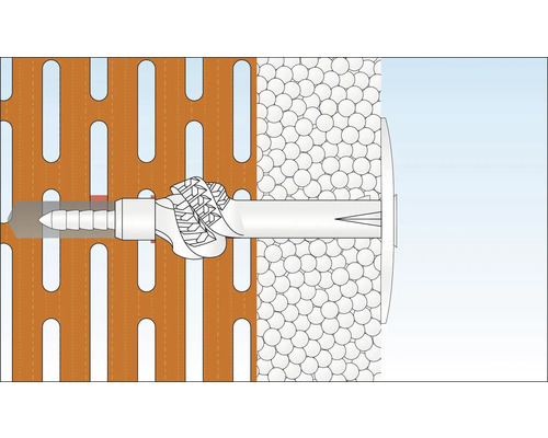 Ilustrație a unei fixări cu dibluri într-o fațadă perforată cu izolație termică