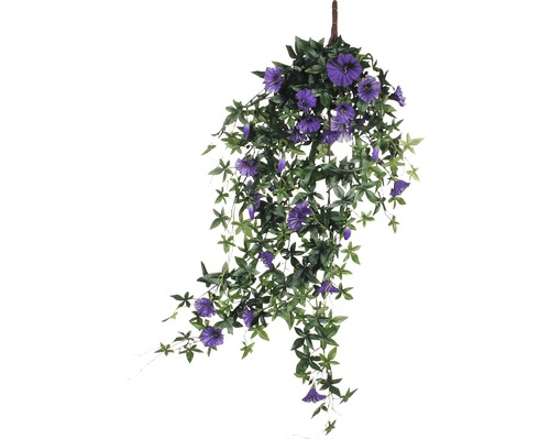 Plantă artificială suspendată cu flori lila și frunze verzi